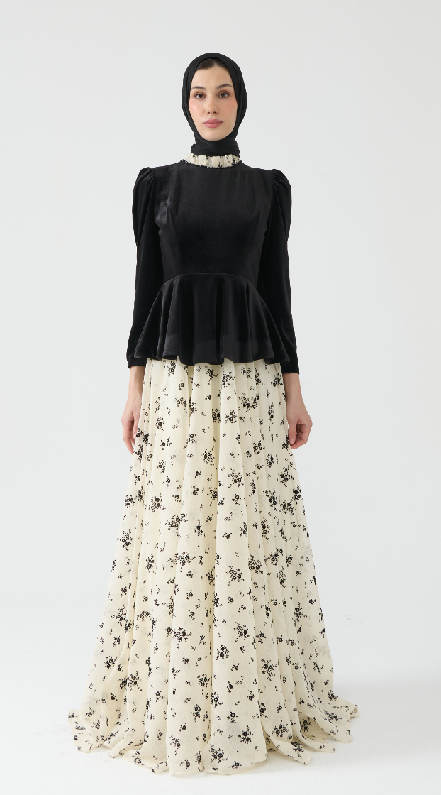 Velvet Peplum Evening Gown with Floral Skirt