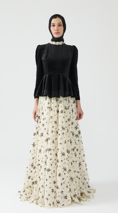 Velvet Peplum Evening Gown with Floral Skirt