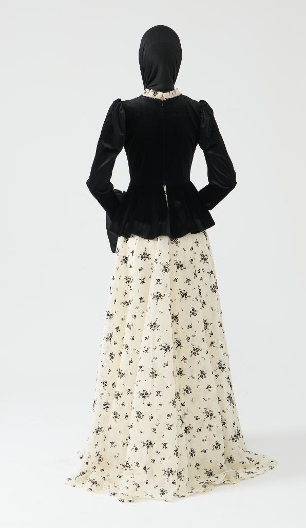 Velvet Peplum Evening Gown with Floral Skirt