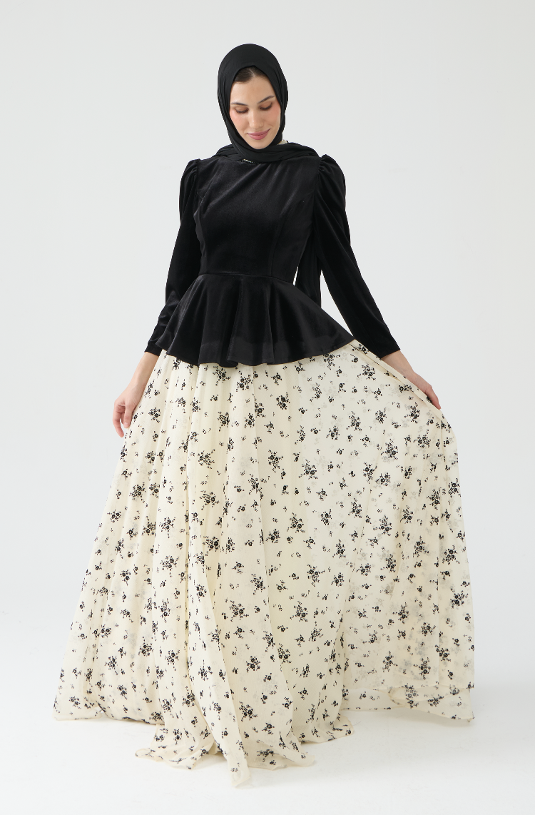 Velvet Peplum Evening Gown with Floral Skirt