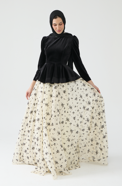 Velvet Peplum Evening Gown with Floral Skirt