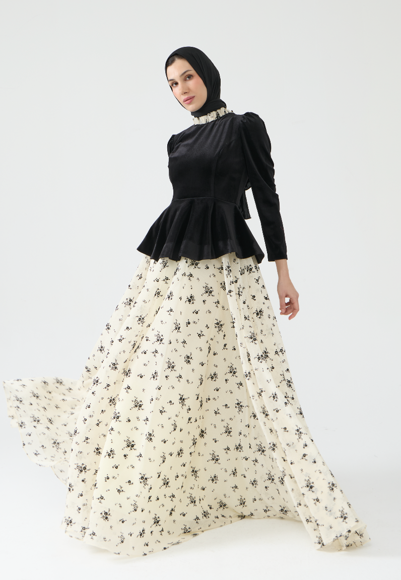 Velvet Peplum Evening Gown with Floral Skirt