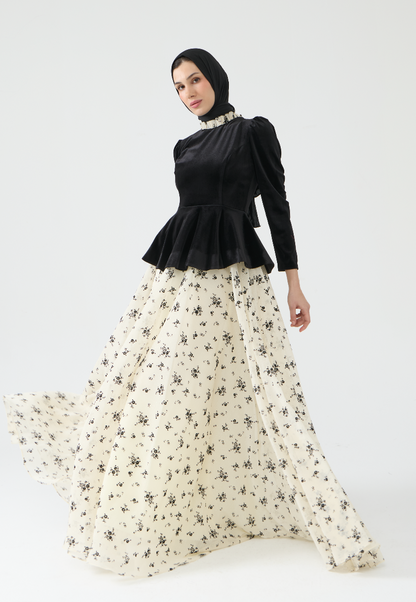 Velvet Peplum Evening Gown with Floral Skirt