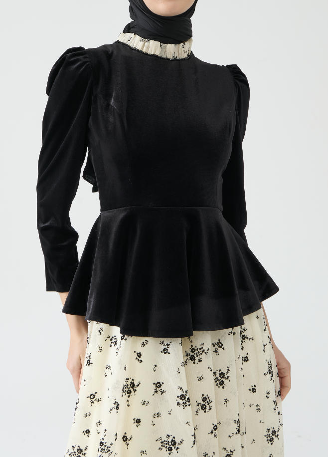 Velvet Peplum Evening Gown with Floral Skirt
