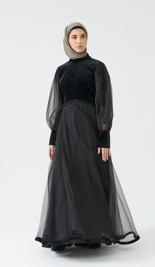 Black Velvet and Tulle Gown with Beaded Detailing