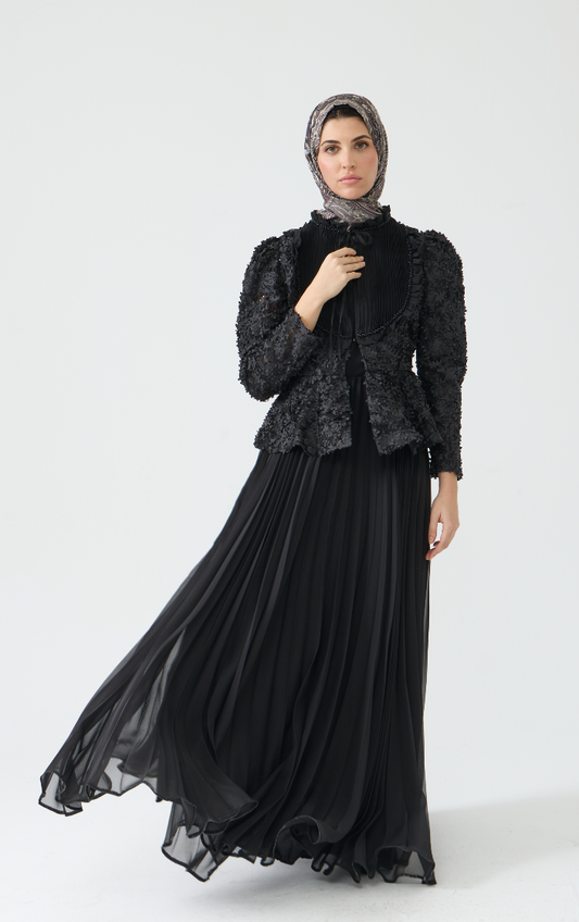 Elegant Pleated Dress with Textured Floral Blouse Set