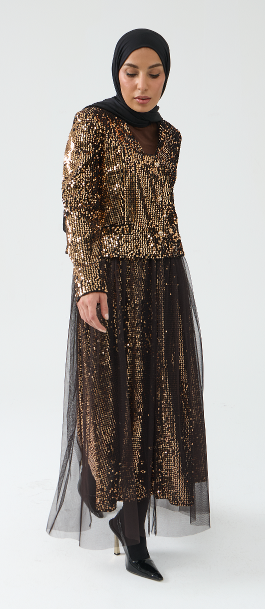 Sequin Top and Skirt Set with Tulle Detail