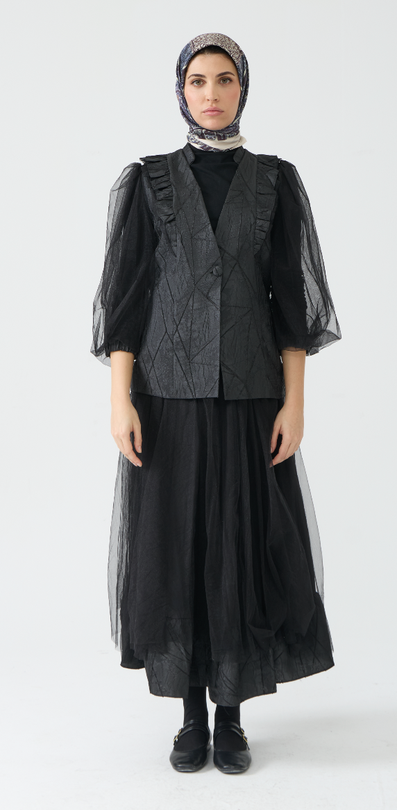 Dramatic Textured Jacket and Flowing Midi Skirt Set