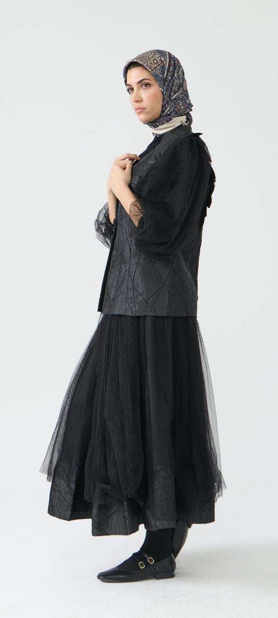 Dramatic Textured Jacket and Flowing Midi Skirt Set