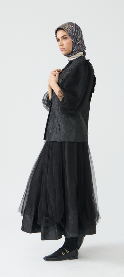 Dramatic Textured Jacket and Flowing Midi Skirt Set