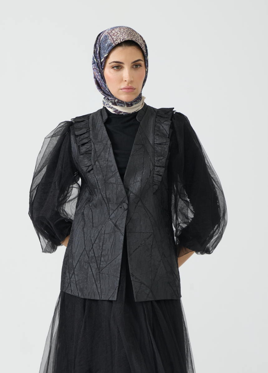Dramatic Textured Jacket and Flowing Midi Skirt Set