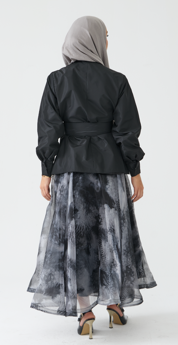 Modern Black Belted Top and Abstract Print Skirt Set