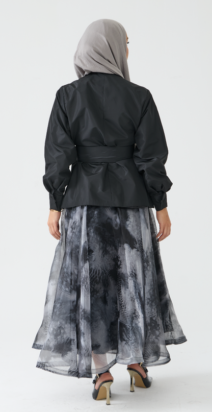 Modern Black Belted Top and Abstract Print Skirt Set