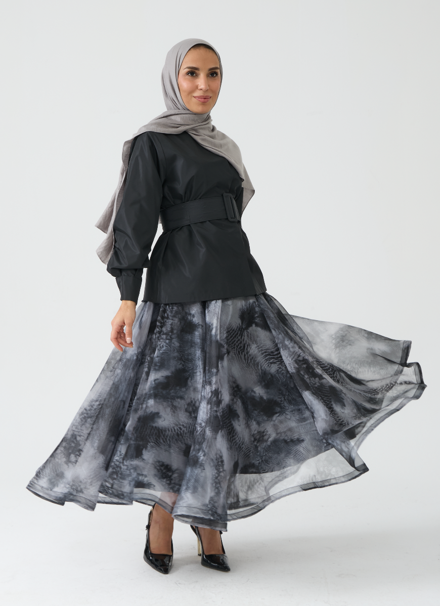 Modern Black Belted Top and Abstract Print Skirt Set