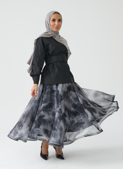 Modern Black Belted Top and Abstract Print Skirt Set