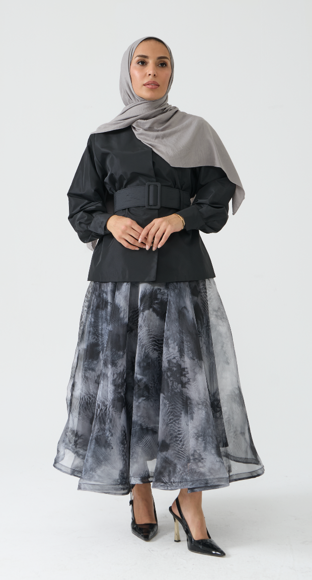 Modern Black Belted Top and Abstract Print Skirt Set