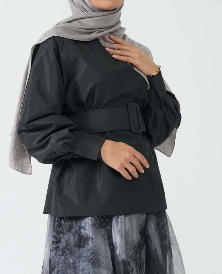 Modern Black Belted Top and Abstract Print Skirt Set