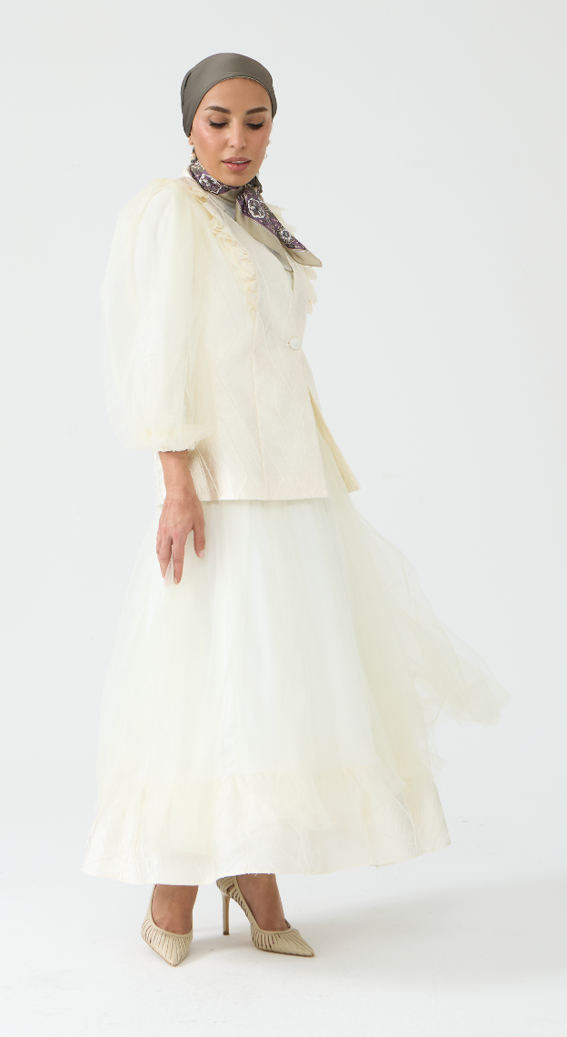 Dramatic Textured Jacket and Flowing Midi Skirt Set
