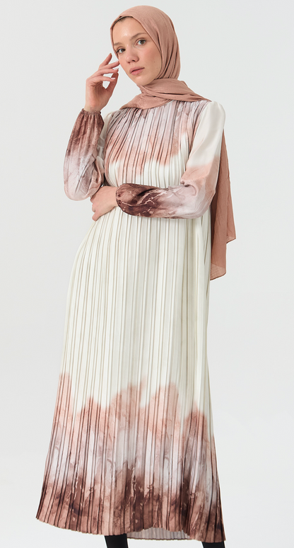 Earthy Tie-Dye Print Pleated Maxi Dress