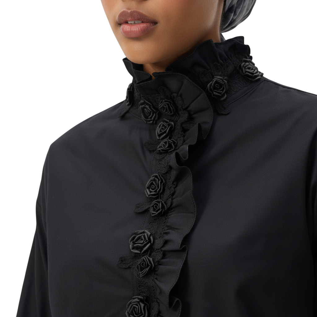 Black High-Neck Shirt with Floral Appliqué Front Detail