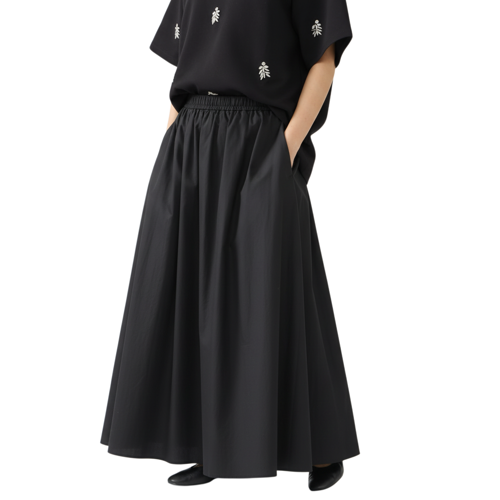 Structured Cotton A-Line Maxi Skirt with Elastic Waist and Pockets