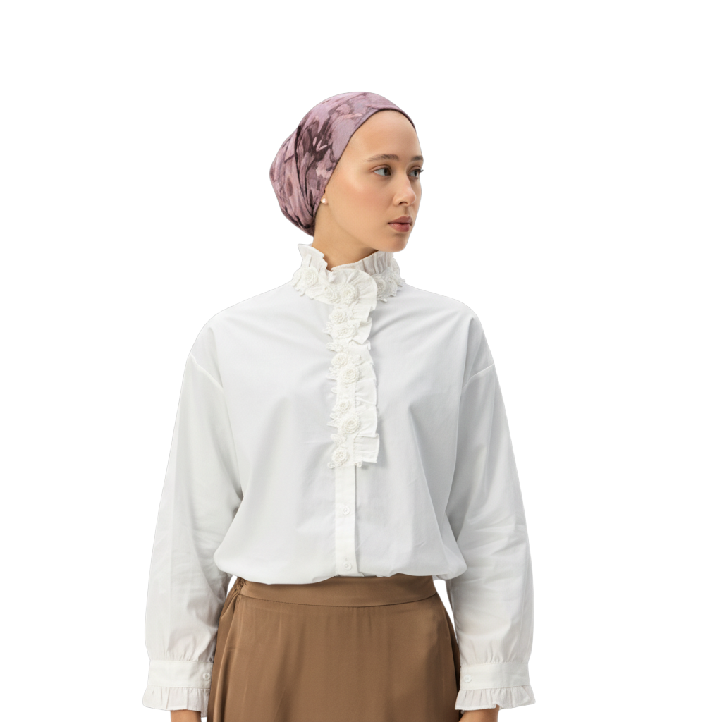 White High-Neck Shirt with Floral Appliqué Front Detail
