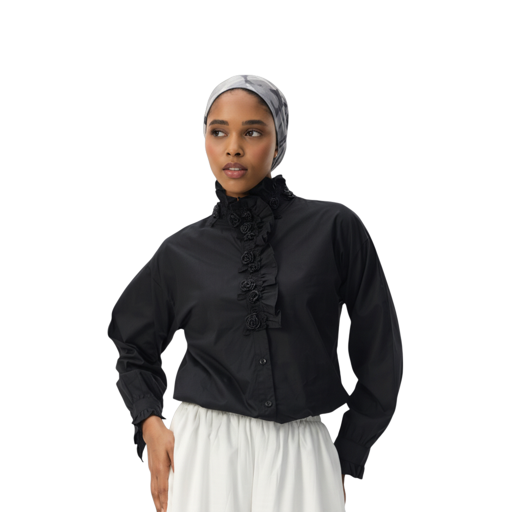 Black High-Neck Shirt with Floral Appliqué Front Detail