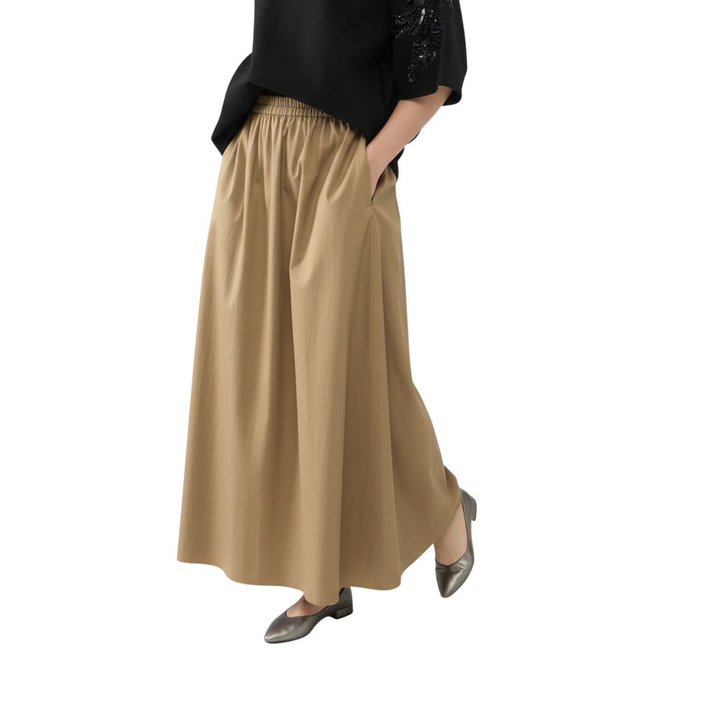 Structured Cotton A-Line Maxi Skirt with Elastic Waist and Pockets